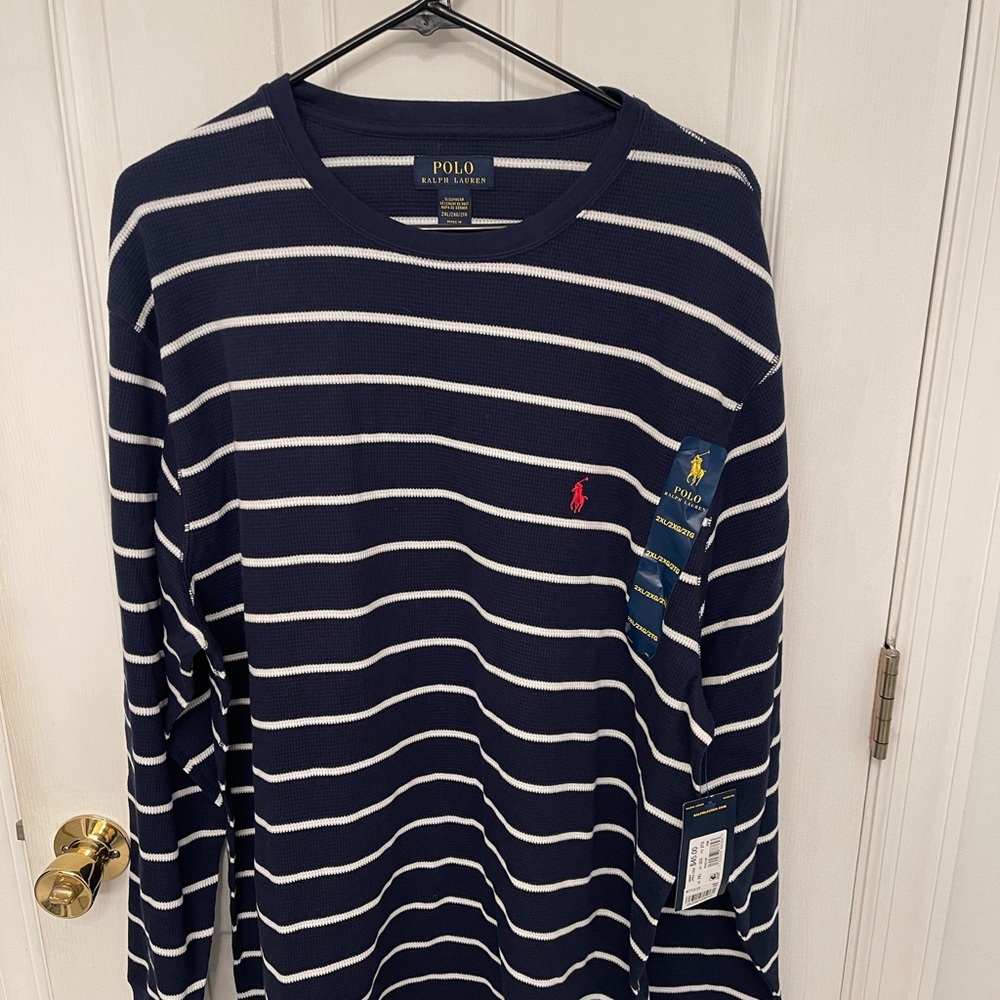 Polo by Ralph Lauren Men's Long Sleeve Navy and White Striped Tee